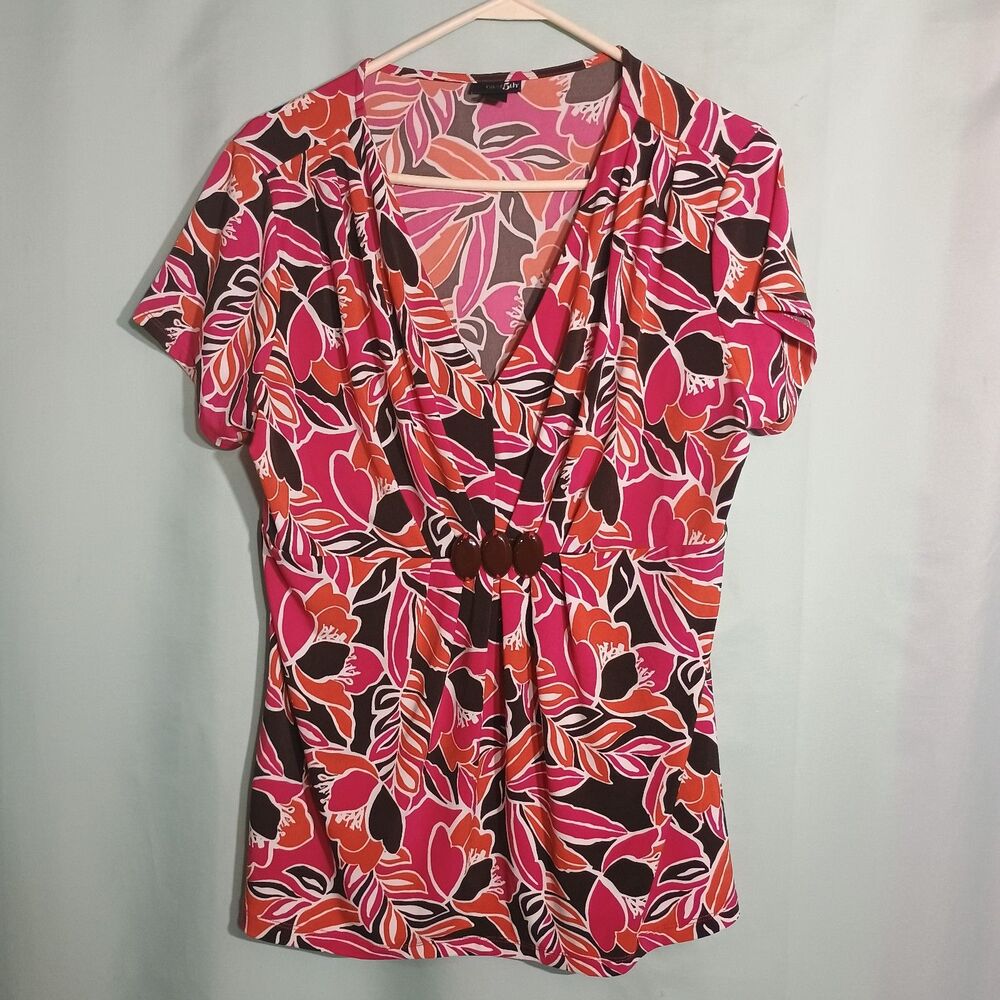 Pink Red Floral Print Blouse Short Sleeve Buckle Waist V-Neck Top